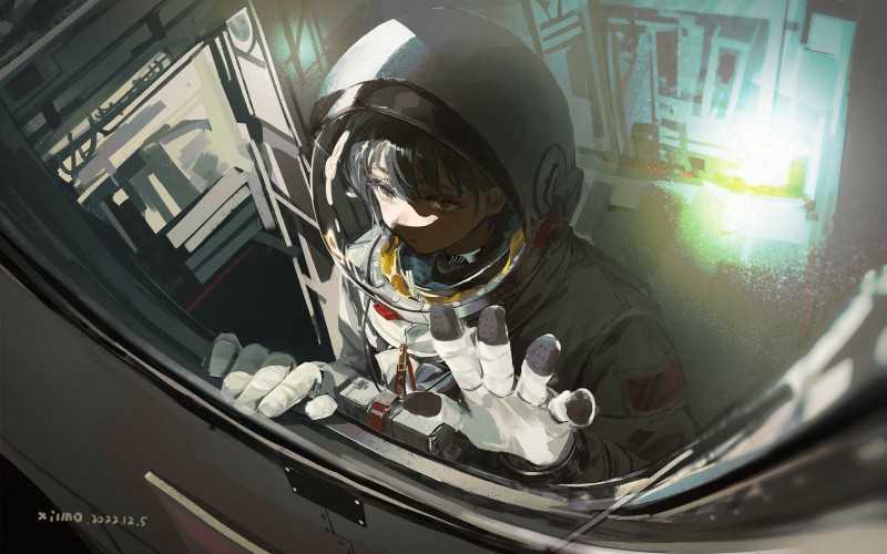 Astronaut, Window, Yellow Eyes, Anime Girls, Spacesuit Wallpaper