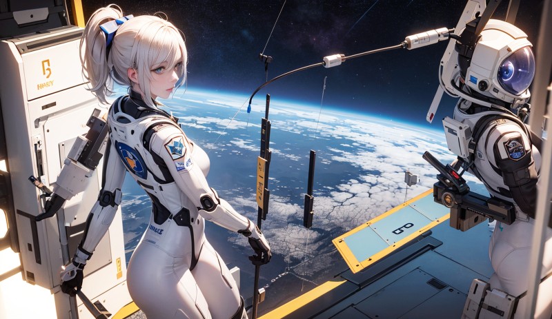 Earth, Space Station, Anime Girls, AI Art Wallpaper
