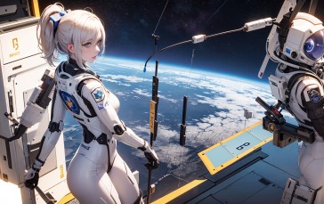 Earth, Space Station, Anime Girls, AI Art Wallpaper