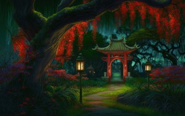 AI Art, Illustration, Path, Forest, Lantern Wallpaper