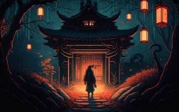 AI Art, Shrine, Night, Lantern Wallpaper