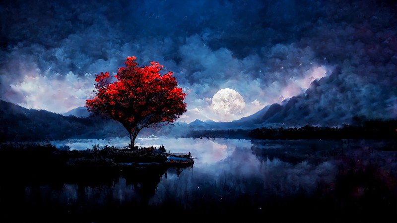 Red Trees, Full Moon, Landscape, Matte Painting, ArtStation, AI Art Wallpaper