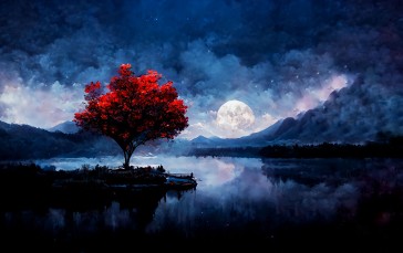 Red Trees, Full Moon, Landscape, Matte Painting, ArtStation, AI Art Wallpaper