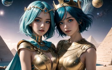 AI Art, CGI, Blue Hair, Crown, Blue Eyes Wallpaper
