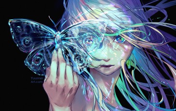 Original Characters, Yuumei, Black Background, Multi-colored Eyes, Butterfly Wallpaper