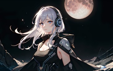 AI Art, Anime Girls, White Hair, Moon Wallpaper