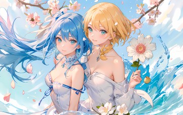 AI Art, Blue Hair, Flower in Hair, Skirt, Plum Blossom Wallpaper