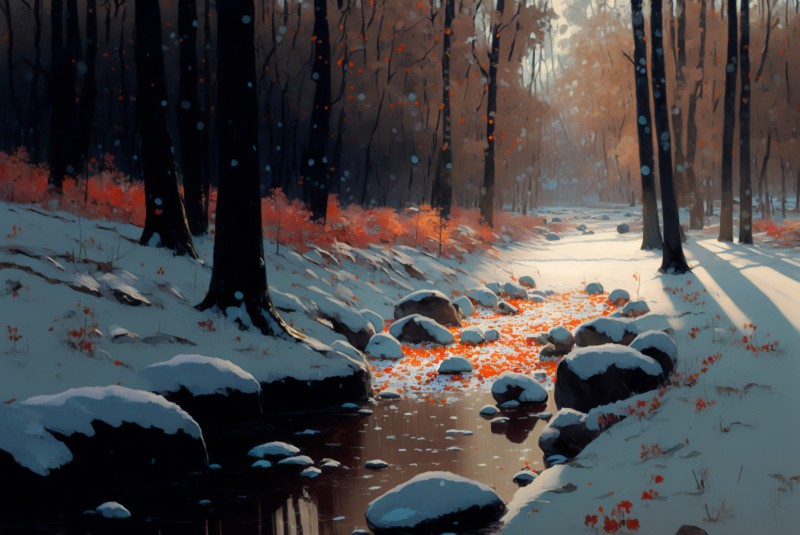 AI Art, Snow, Spring, Stream, Forest Wallpaper