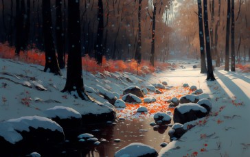 AI Art, Snow, Spring, Stream, Forest Wallpaper