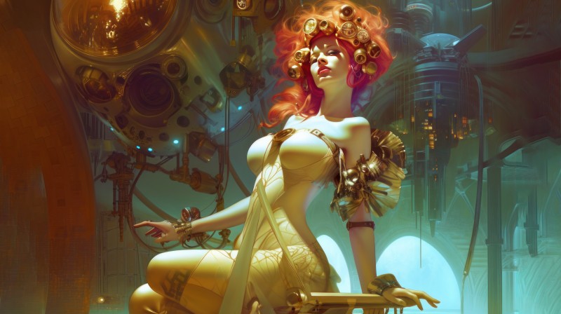 AI Art, Women, Science Fiction, Illustration, Redhead, Head Tilt Wallpaper