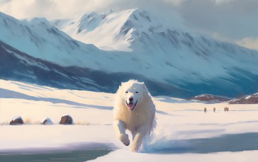 AI Art, Snow, Dog, Mountains, Illustration Wallpaper