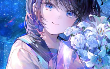 Anime, Anime Girls, Schoolgirl, School Uniform, Smiling, Flowers Wallpaper