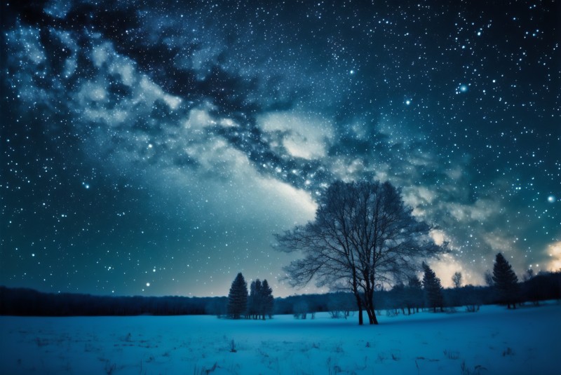 AI Art, Winter, Snow, Trees, Night Sky Wallpaper