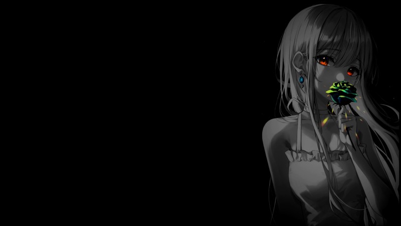 Selective Coloring, Anime Girls, Simple Background, Black Background, Minimalism, Flowers Wallpaper