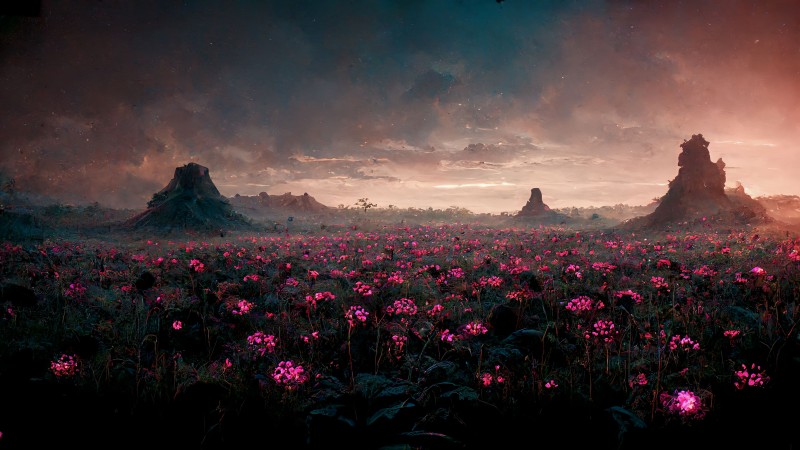 Pink Flowers, Landscape, Mountains, Clouds, Plants Wallpaper