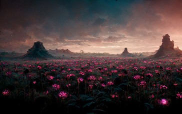 Pink Flowers, Landscape, Mountains, Clouds, Plants Wallpaper