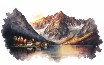 AI Art, Watercolor Style, Mountains, Lake Wallpaper