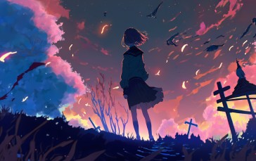 Schoolgirl, Forest, Cross, Clouds Wallpaper