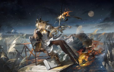 Anime Girls, Reed The Flame Shadow (Arknights), Horns, Moon Wallpaper