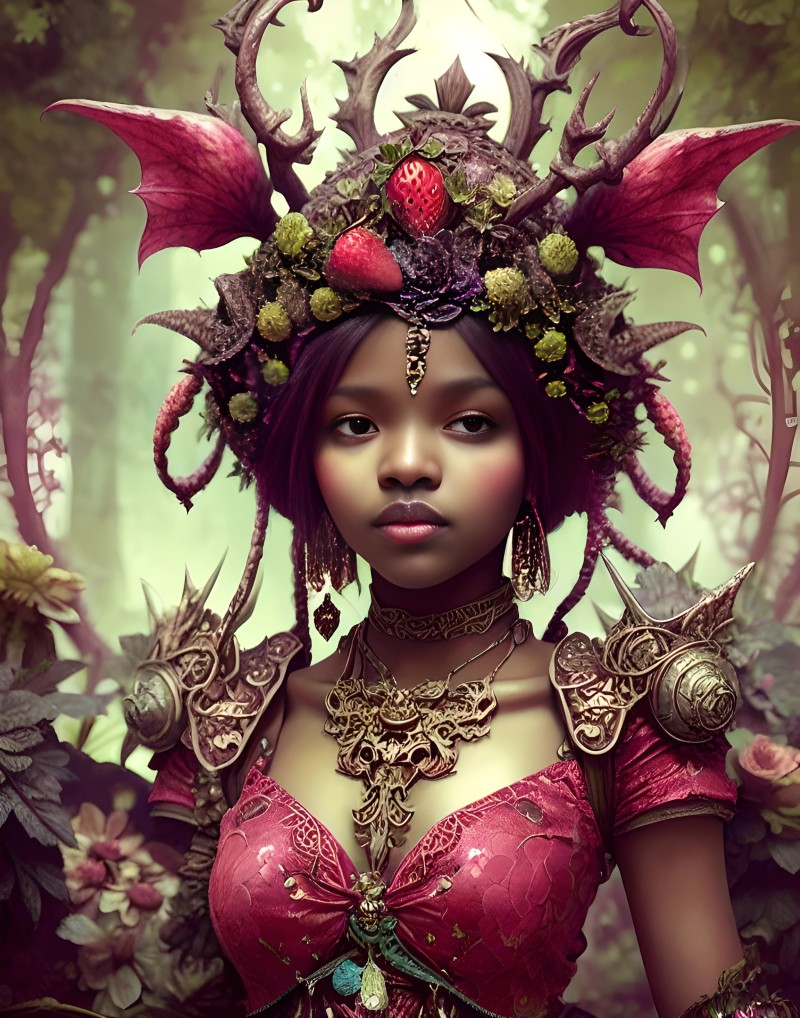 Strawberries, Fantasy Princess, Dark Skin, AI Art, Portrait Display, Women Wallpaper