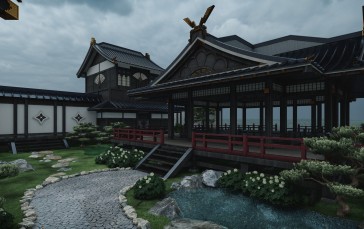 Building, Asian Architecture, Garden, Overcast Wallpaper