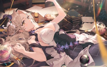 Anime Girls, Yellow Eyes, Lying on Back, Books Wallpaper