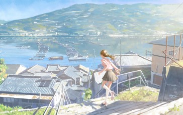 Street Art, Anime Girls, Water, Mountains Wallpaper