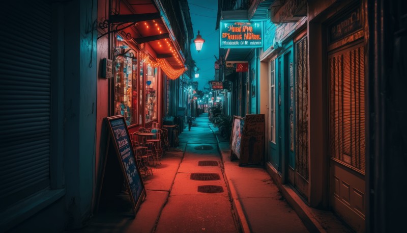 AI Art, City, Alleyway, New Orleans, Night, Neon Wallpaper