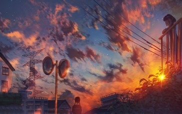 Anime Girls, Sunset Glow, Sunset, Power Lines, Utility Pole Wallpaper