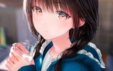 Anime Girls, Drinking, Braids, Portrait Display Wallpaper