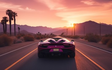 AI Art, Sports Car, Driving, Sunset, Desert, Rear View Wallpaper