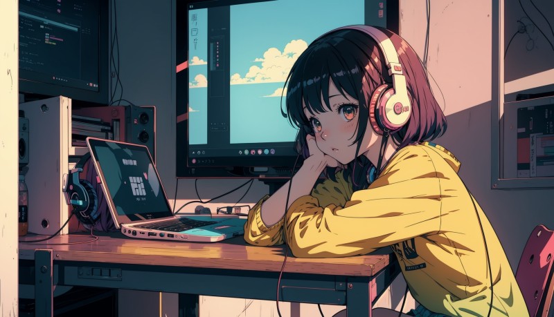 Anime Girls, AI Art, Headphones, Sitting Wallpaper