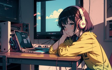 Anime Girls, AI Art, Headphones, Sitting Wallpaper