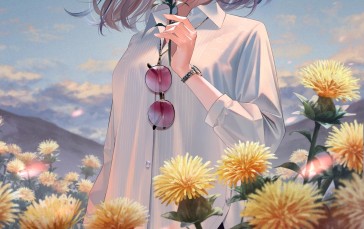 Anime, Anime Girls, Flowers, Short Hair, Looking at Viewer Wallpaper