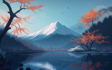 Artwork, Digital Art, Nature, Mountains, Trees, Reflection Wallpaper