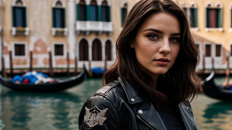 AI Art, Women, Blurry Background, Venice, Black Coat Wallpaper