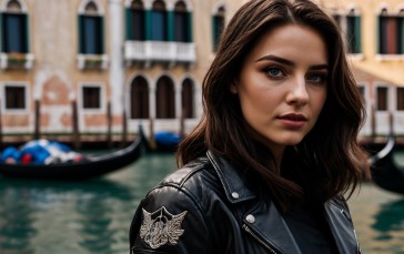 AI Art, Women, Blurry Background, Venice, Black Coat Wallpaper