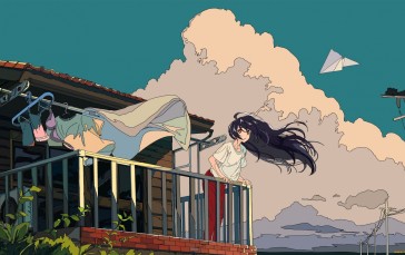 Anime, Clouds, Paper Planes, Balcony Wallpaper