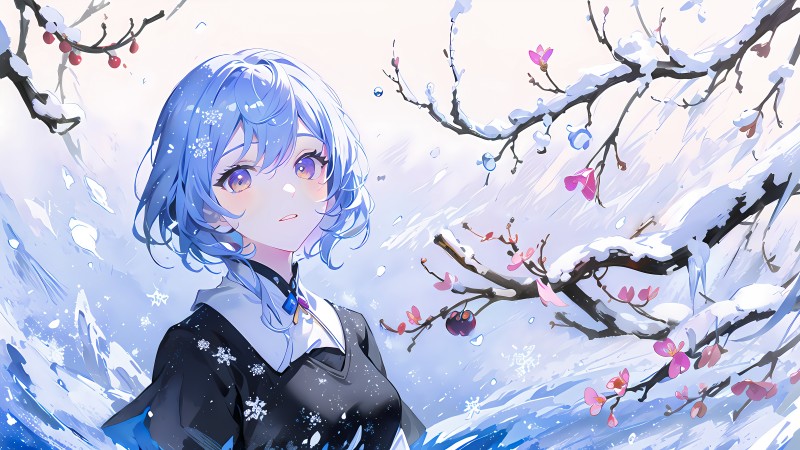 Blue Hair, Plum Blossom, Anime Girls, Branch Wallpaper