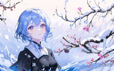 Blue Hair, Plum Blossom, Anime Girls, Branch Wallpaper