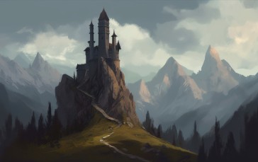 AI Art, Landscape, Castle, Fantasy Architecture, Mountains Wallpaper