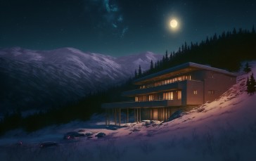 AI Art, Winter, Snow, Mountains, Trees, House Wallpaper