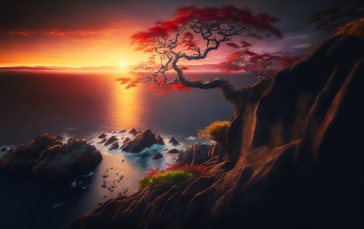 AI Art, Sunset, Japan, Trees Wallpaper