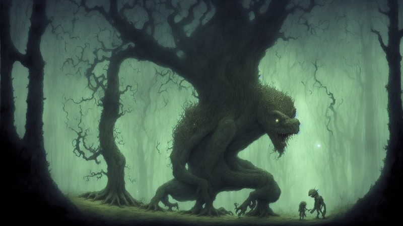 Creature, Forest, Dark, Lights, Trees, AI Art Wallpaper