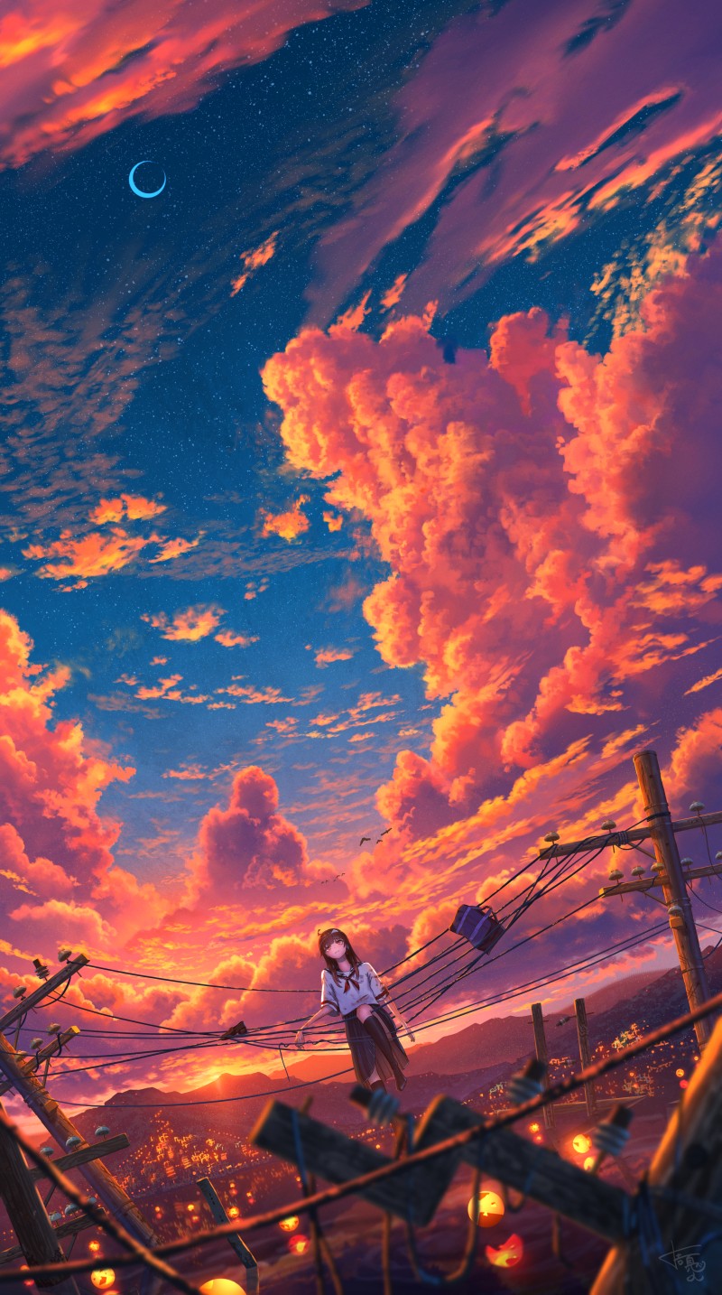 Shuu Illust, Sunset, Sunset Glow, Clouds, Anime Girls Wallpaper