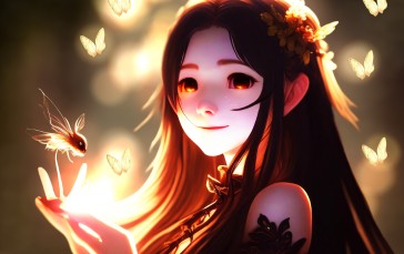 Anime Girls, Digital Art, Butterfly, Smiling Wallpaper