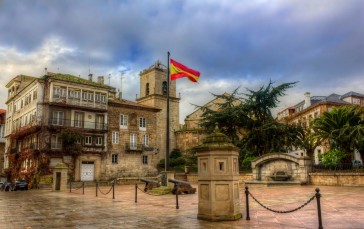 Spain, Flag, Town, Sky, Clouds Wallpaper