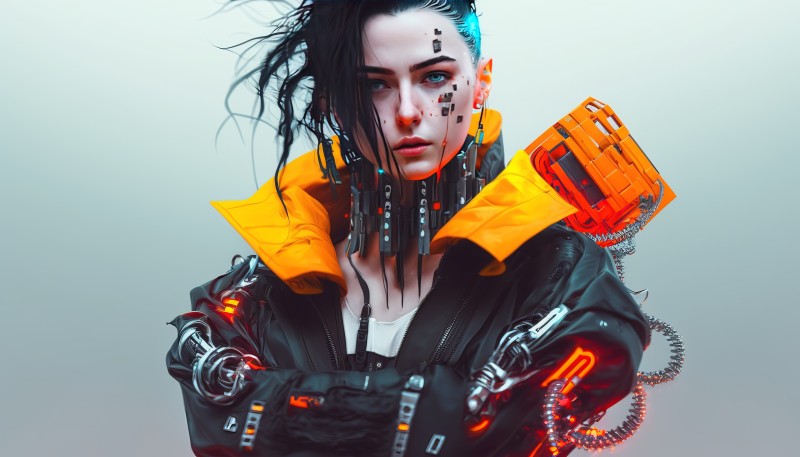 AI Art, Women, Cyberpunk, Jacket, Orange, Looking at Viewer Wallpaper