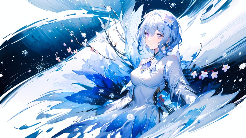 Ice (artist), Anime Girls, Blue Hair, AI Art, Flower in Hair Wallpaper