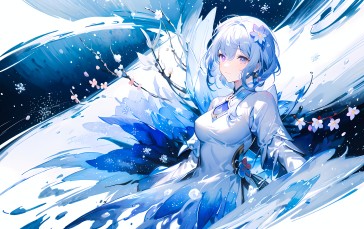 Ice (artist), Anime Girls, Blue Hair, AI Art, Flower in Hair Wallpaper